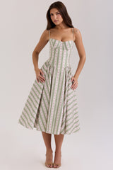 Sage Striped Floral Print Cotton Midi Dress