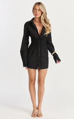 Eugenia Mini Dress - Long Sleeve Smocked Shirt Mini Dress in Black