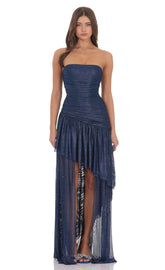 Foil Mesh Asymmetrical High Low Maxi Dress in Navy
