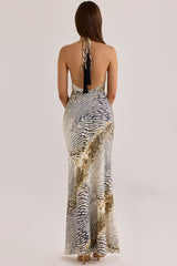 Animal Print Satin Halter Neck Maxi Slip Dress
