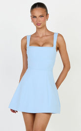 Donna Mini Dress - Square Neck Pin Tucked Waist Tulip Skirt Dress in Light Blue