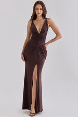 Black Cherry Gathered Plunge Maxi Dress