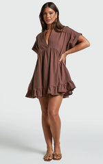 Calissa Mini Dress - Frill Hem Smock Dress in Chocolate