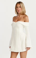 Collette Mini Dress - Off Shoulder Long Sleeve Godet Flare Dress in White