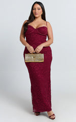 Carli Maxi Dress - Adjustable Strap Corset Bodycon Lace Dress in Wine