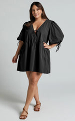 Rosita Mini Dress - Tie Front Puff Sleeve Dress in Black