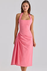 Raspberry Cotton Halter Neck Midi Dress