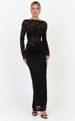 Skye Maxi Dress - Lace Long Sleeve Draped Waist Dress in Black