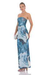 Floral Strapless Maxi Dress in Blue