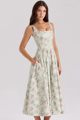 Sage Floral Print Cotton Midi Dress