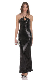 Sequin Keyhole Maxi Dress in Black
