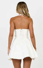 Hayes Mini Dress - Halter Neck Corset Bodice Dress in Cream Contrast Stitch