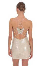 Metallic Butterfly-Back Mini Dress in Champagne