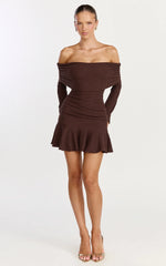 Maeve Mini Dress - Off Shoulder Long Sleeve Fit And Flare Mini Dress in Chocolate