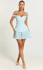 Izara Mini Dress - Off Shoulder Pleated Dress in Blue