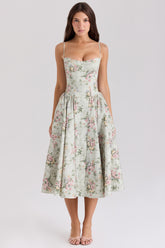 Sage Floral Print Cotton Midi Dress
