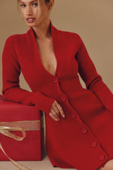 Red Pure New Wool Cardigan Mini Dress