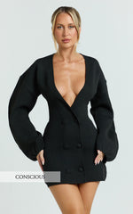 Colette Mini Dress - Wrap Front Cocoon Sleeve Button Front Knit Dress in Black