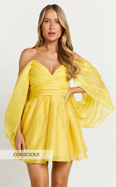 Amalie The Label - Thalia Sweetheart Off Shoulder Mini Dress - In Yellow