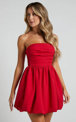 Shaima Mini Dress - Strapless Bubble Hem Dress in Red