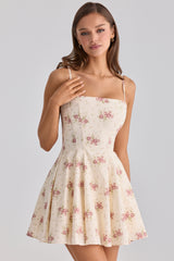 Ivory Vintage Rose Print Cotton Flared Mini Sundress
