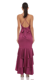 Satin Ruffle Fishtail Maxi Dress in Magenta