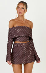 Lana Top - Long Sleeve Off Shoulder Cropped Top in Chocolate/Cream Polka Dot