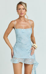 Nelly Mini Dress - Sequin Cowl Neck Spaghetti Draped Frilled Dress in Blue