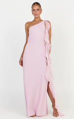 Alani Maxi Dress - Backless One Shoulder Flounce Detail Dress in Pink