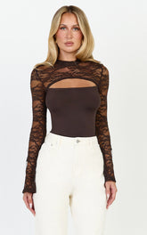 Celestine Top - Cut Out Lace Long Sleeve Top in Chocolate
