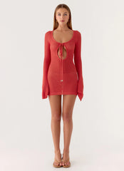 Charis Long Sleeve Crochet Mini Dress - Cherry