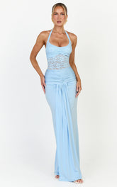 Melville Maxi Dress - Lace Bodice Draped Front Halter Dress in Blue