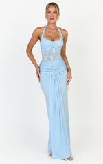 Melville Maxi Dress - Lace Bodice Draped Front Halter Dress in Blue