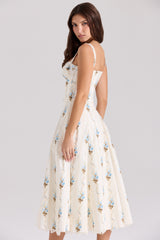 Cream Floral Print Cotton Corset Midi Dress
