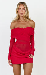 Jade Mini Dress - Long Sleeve Off Shoulder Draped Bias Cut Dress in Red