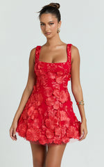 Sienna Mini Dress - 3D Floral Fit And Flare Dress in Red