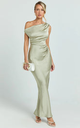 Laurie Maxi Dress - One Shoulder Ruched Dress in Light Olive