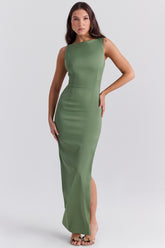 Olive Boat Neck Maxi Dress