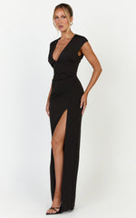 Lilo Maxi Dress - V Neck Cap Sleeve Dress in Black