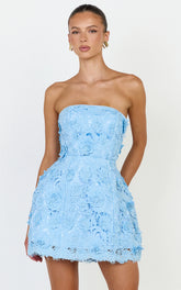 Maristella Mini Dress - Strapless Lace Up Back A Line Dress in Blue