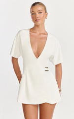 Xena Mini Dress - Mock Wrap Buckle Dress in White
