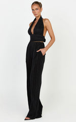 Tessie Top - Plisse Halter Neck Tie Back Top in Black