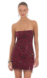 Embellished Strapless Mini Dress in Burgundy