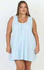 Lucinda Mini Dress - Deep U Gathered Neck Smock Dress in Pale Blue