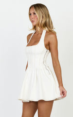Hayes Mini Dress - Halter Neck Corset Bodice Dress in Cream Contrast Stitch