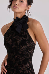 Black Lace High Neck Mini Dress With Detachable Bow