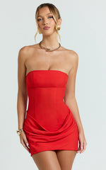 Natalie Mini Dress - Strapless Draped Skirt Dress in Red