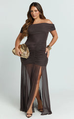 Alanna Maxi Dress - Off Shoulder Ruched Mesh Dress in Chocolate