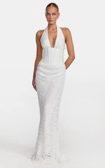 Tilly Maxi Dress - Lace Plunge Neckline Halter Dress in White