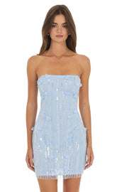 Strapless Floral Sequin Mini Dress in Light Blue